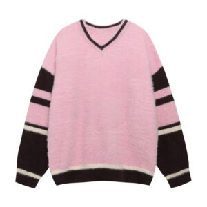 Pink and Black V Neck Oversize Sweater