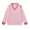 Pink Striped V Neck Bear Sweater