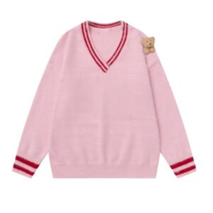 Pink Striped V Neck Bear Sweater