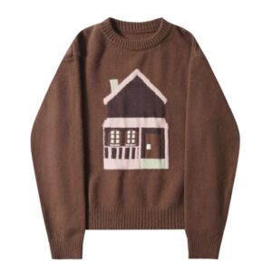 Cartoon House Print Crew Neck Sweater